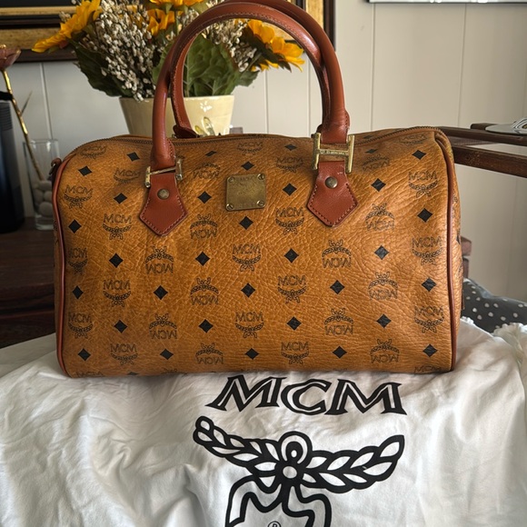 MCM Cognac Visetos Travel Boston Bag Dust bag & COA - Picture 1 of 9